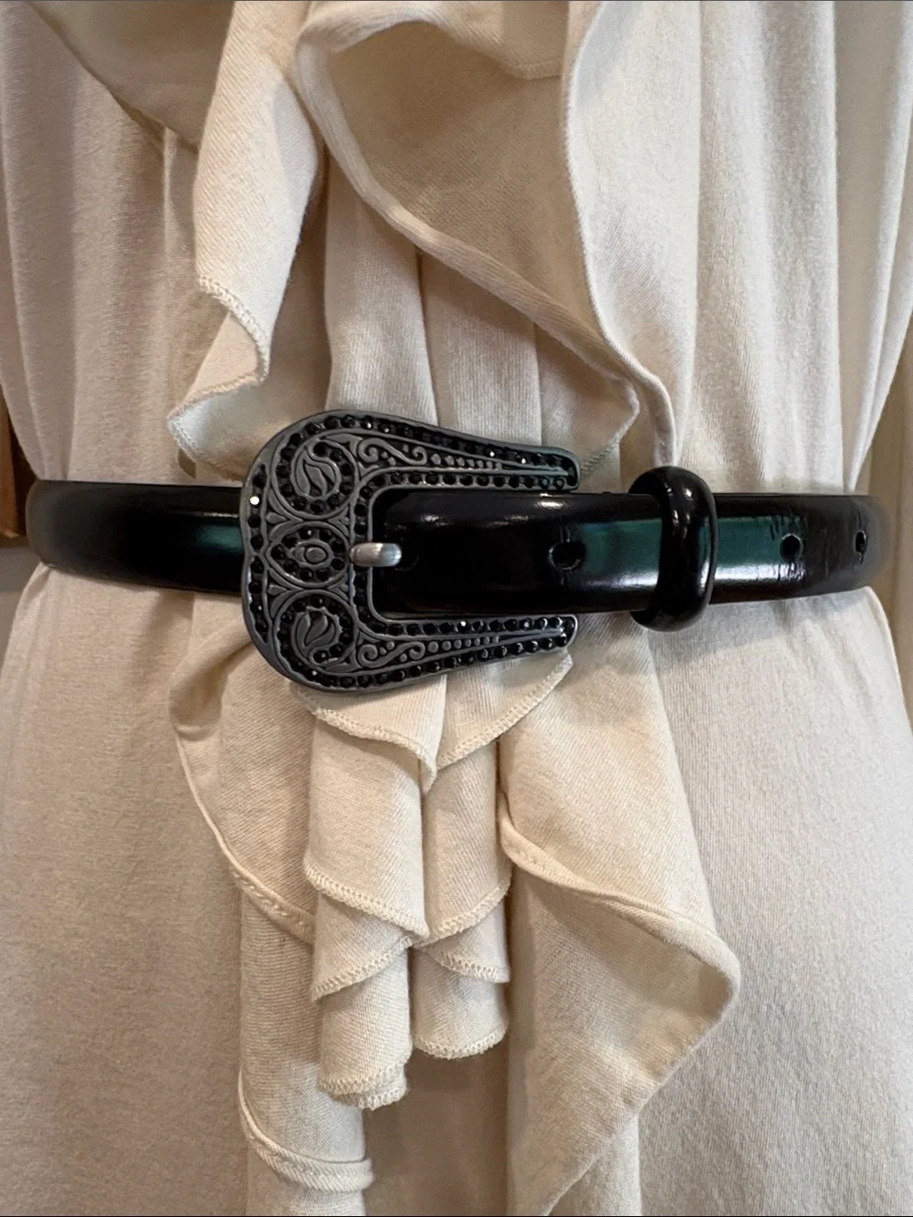 Vintage Lauren Ralph Lauren Skinny Black Leather Belt Embellished Buckle Medium